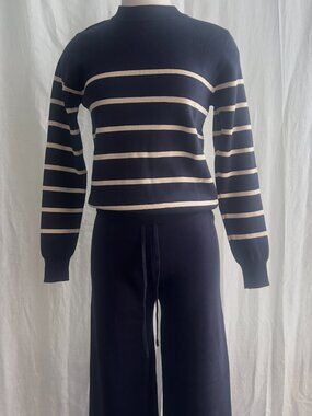 Red Marine Striped Knit Sweater & Wide Leg Pants Set - Navy/Cream